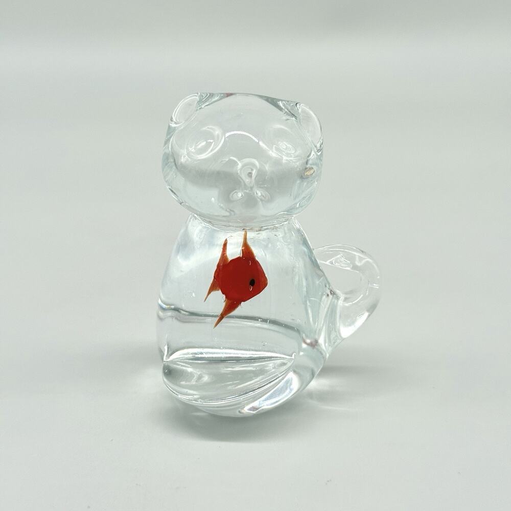 Murano Style Art Glass Cat Paperweight Figurine Red Fish Belly 2.75"